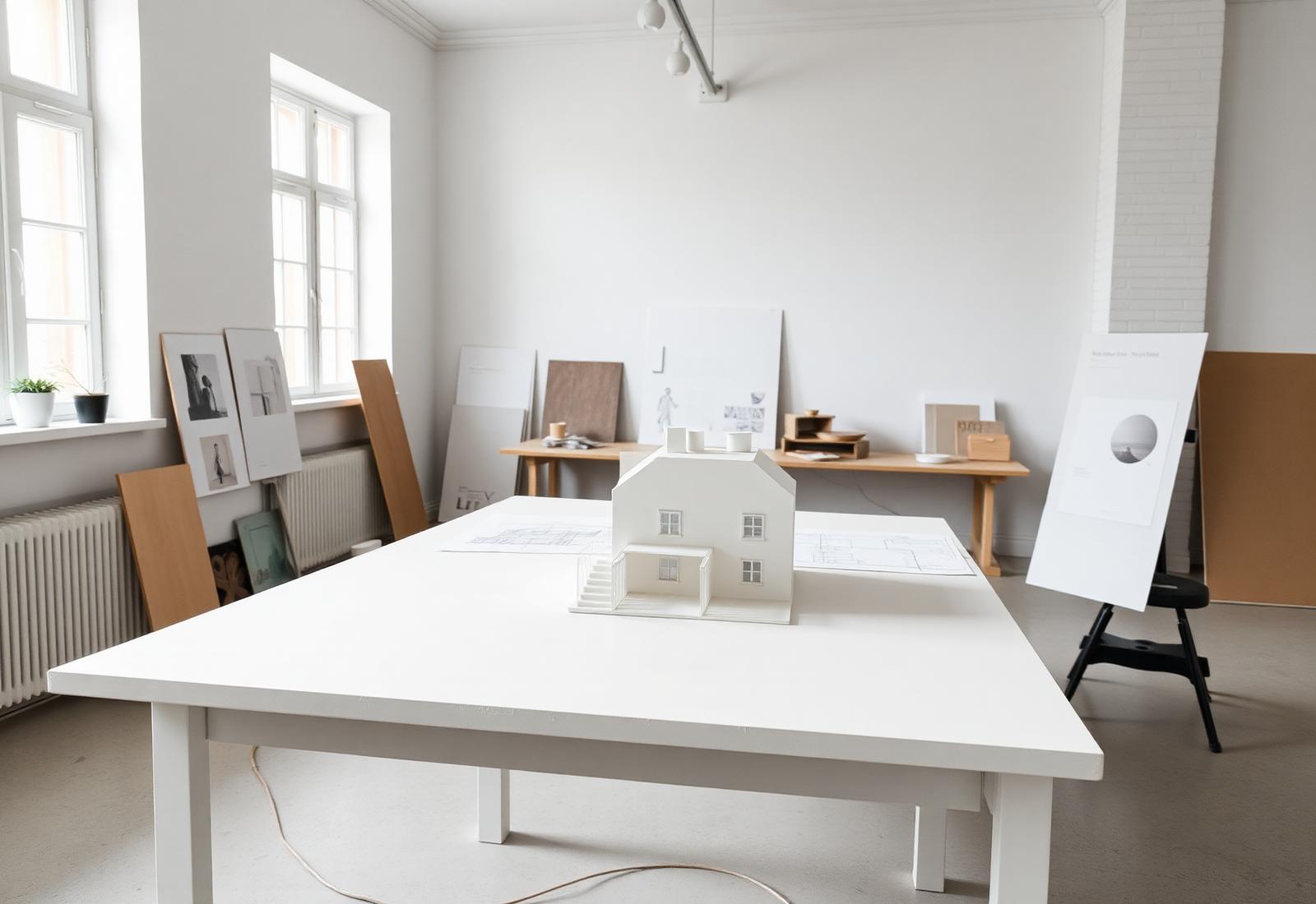 Mesa de trabajo del estudio Atelier Norma con maqueta y planos