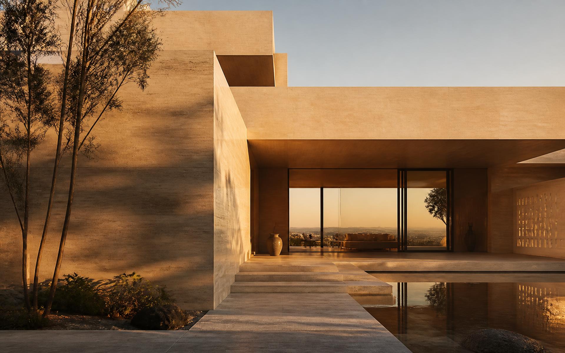 Fachada de piedra y hormigón de una vivienda contemporánea al atardecer