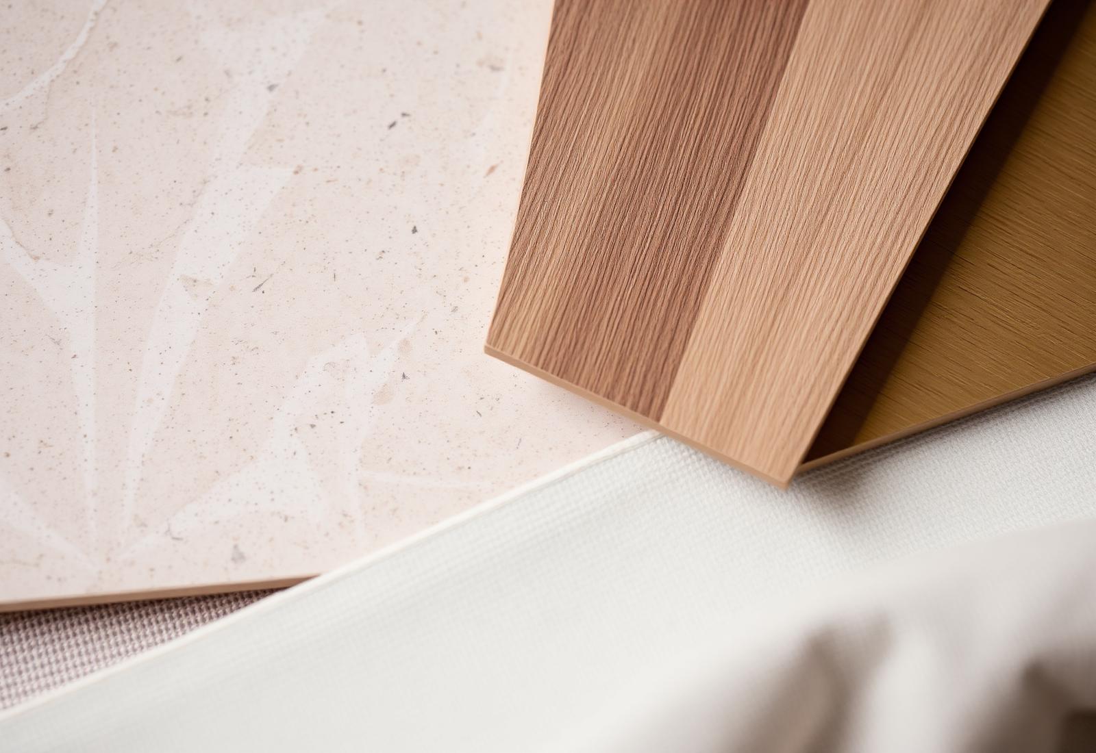 Muestras de piedra, madera de roble y textiles naturales